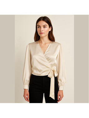 The Great Eros Cream Gold 100% Silk Wrap Long Sleeve Blouse- Size Small